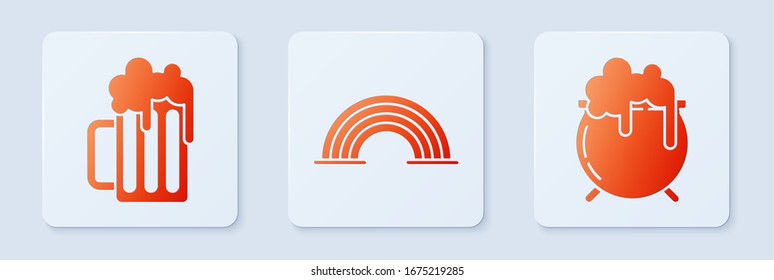 Set Rainbow, Wooden beer mug and Witch cauldron. White square button. Vector