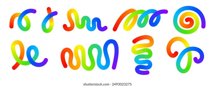 Set of rainbow-colored curvy lines. Multicolored squiggles, spirals and loops in trendy spline style. Organic doodle figures with gradient effect isolated on white background. Vector illustration.