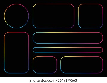 Um conjunto de formas geométricas coloridas em arco-íris, incluindo círculos, retângulos e retângulos de canto arredondado, são colocados em um plano de fundo preto escuro com um estilo minimalista.