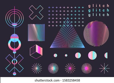 Set of rainbow-colored holographic elements in retrofuturistic vaporwave style of 80s-90s. Neon aesthetics of retrowave or disco genre.