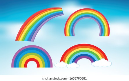 Set of rainbows in blue sky background illustration