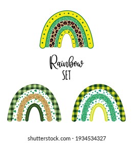 Set of rainbows in boho, scandinavian style,  with shamrocks, animal leopard,  buffalo plaid, stipple golden and green texture. Vector illustration. For kids, baby shower, T-shirt prints.