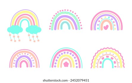 Set of Rainbows in Boho Style. Children's Stickers, Hand Drawing, Elements of Posters, Cards, Banners. Decorating children's bedrooms. Bright Children's Doodles.