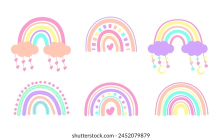 Set of Rainbows in Boho Style. Scandinavian boho rainbows set with clouds, stars, drops in pastel colors. Element for nursery decoration, postcard, clothes, party, baby shower, poster, invitation