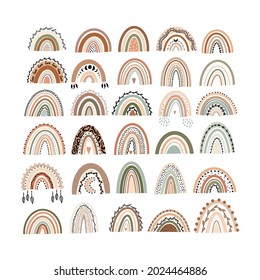 Un conjunto de arcos en estilo boho. Ilustración vectorial aislada con arcos decorativos en colores pastel. Un bonito conjunto para los niños con tejidos decorativos, platos, ropa, cuadernos y cuadernos.
