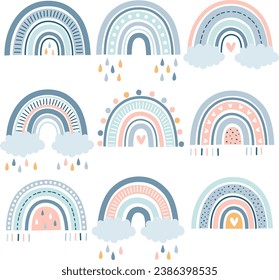 Set of rainbows with clouds rain in childish scandinavian style style isolated on white background. Perfect for kids prints. Vector illustration. 