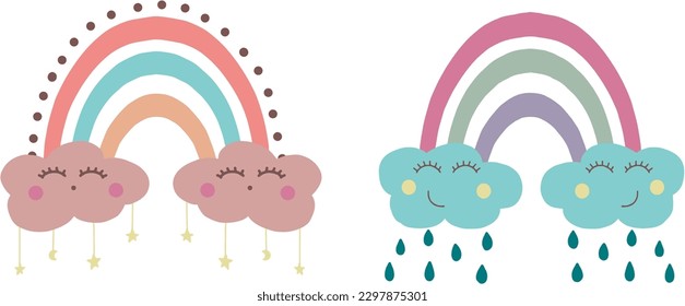 Set of rainbows with clouds, rain, stars, in scandinavian style, on a white background, vector image.