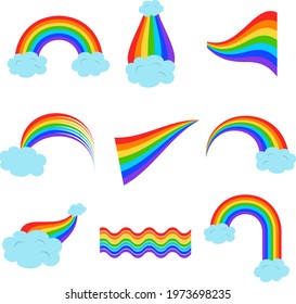 Set of rainbows with clouds. Vector illustration.