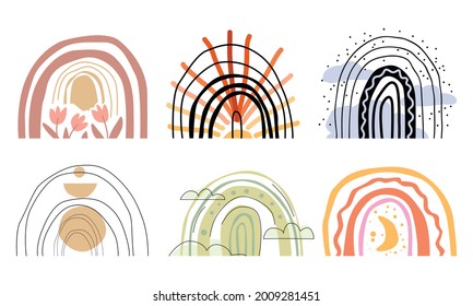 A set of rainbows in different colors and with different decor. Abstraction. Minimalistic boho style. For children's room wall decor, print poster for children, t-shirt design. Vector