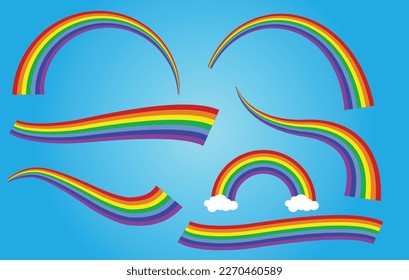 Set of rainbows in different shape Isolated. Set Of Colorful Girly Decorative Elements Isolated.