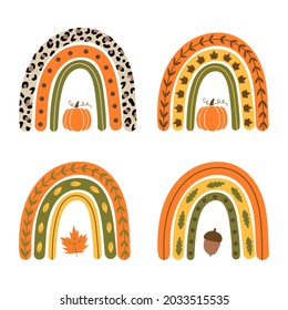 Set rainbows. Fall rainbow with pumpkin, acorn, maple leaf. Vector autumn illustration. Good for posters, t shirts, postcards.