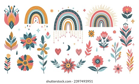 Conjunto de arcos y flora en estilo boho. Gráficos vectoriales.