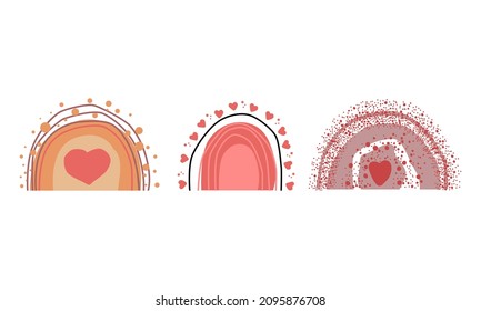 Conjunto de arcos con corazones en estilo boho. El minimalismo abstracto. La decoración de las paredes. Elementos de diseño para portada de libros, plantilla de página, impresión, tarjeta, folleto, revista, afiche. Vector
