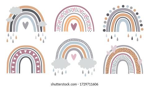 Set of rainbows with hearts, clouds, rain in childish scandinavian style style isolated on white background. Perfect for kids, posters, prints, cards, fabric.