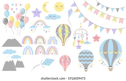 Set of rainbows with hearts, clouds, rain, air baloons, in childish scandinavian style style isolated on white background. Perfect for kids, posters, prints, cards, fabric.