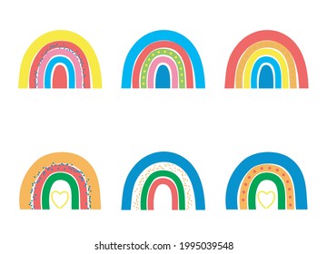 Conjunto de arcos con corazones, nubes, lluvia en estilo escandinavo infantil aislado en el fondo blanco. Ilustraciones modernas de niños y niñas. Arcoiris de diferentes formas.