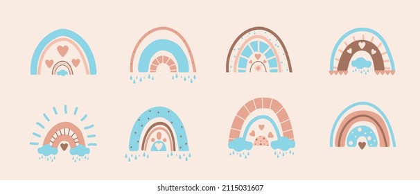Set of rainbows with hearts, clouds, rain in a childish scandinavian style isolated on a pastel background. Vector stock illustration for kids, posters, prints, postcards, fabric