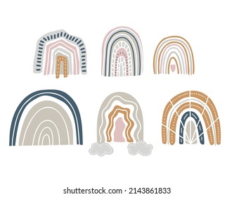 Set of rainbows with hearts, clouds, rain in a childish scandinavian style isolated on a white background. Perfect for kids, posters, prints, postcards, fabric.