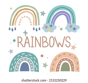 Eine Reihe von Regenbögen mit Herzen, Wolken, Regen im skandinavischen Stil von Kindern, einzeln auf weißem Hintergrund. Ideal für Kinder, Poster, Drucke, Postkarten, Stoff.