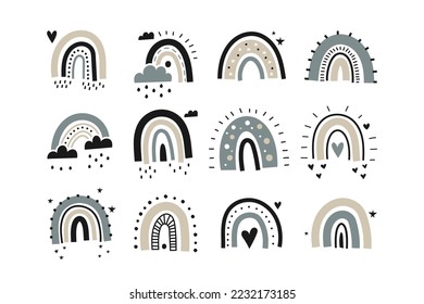 Set of rainbows with hearts, clouds, rain in childish scandinavian style style isolated on white background. Perfect for kids, posters, prints, cards, fabric, children's books.