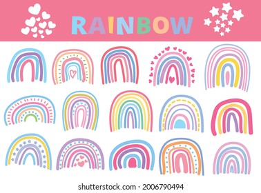 Set of rainbows isolated on white background, Rainbow doodles style with hearts, Childish flat vector illustrations.