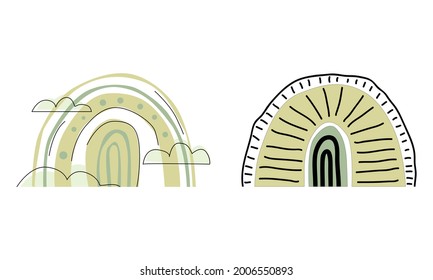 Eine Reihe von Regenbögen im minimalistischen Stil. Einer mit Wolken, der andere mit Linien. Boho Iridescent abstrakte Druck für Kinder Zimmer in Pastellfarben. Vektorgrafik