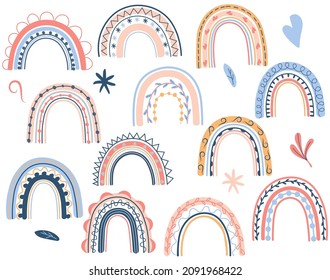 Set of Rainbows in pastel colors. Boho Rainbows perfect for kids, posters, bags, postcards, t-shirts, prints, and more. Cute vector icons.