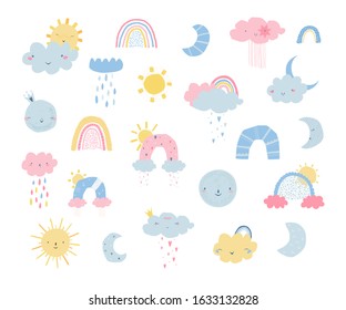 Set rainbows with sun, clouds, rain, moon in flat style isolated on white background for kids. Cute illustration in hand drawn style for posters, prints, cards, fabric, children's books. Vector