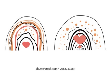 Conjunto de arcos. Día de San Valentín. Boho, minimalismo abstracto. La decoración de las paredes. Elementos de diseño para portada de libros, plantilla de página, impresión, tarjeta, folleto, revista, afiche. Vector