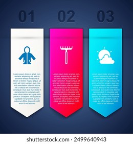 Impermeable, rastrillo de jardín y Clima de sol y nubes. Plantilla de infografía de negocios. Vector