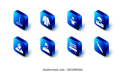 Set Raincoat, Scarecrow, Mushroom, Umbrella, Bench, Graduate and graduation cap, Autumn clothes and Garden rake icon. Vector
