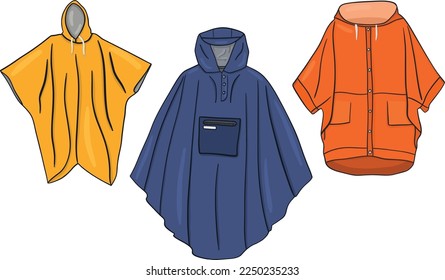 Set of raincoats: rain poncho, rainwear, and weather jacket cartoon