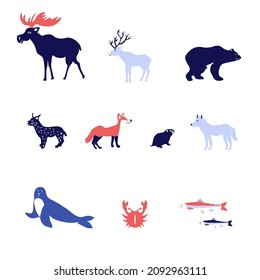 Set of raindeer, elk, fox, fish vector cartoon illustration isolated on white, Simple flat symbol, silhouette icon, decorative mammal sign for design zoo alphabet, protection of Norwegian animals