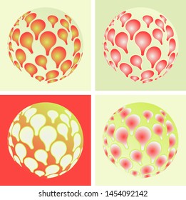 set of raindrops spheres with petals reflection in green red shades