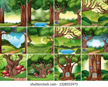 Set of rainforest scene illustration