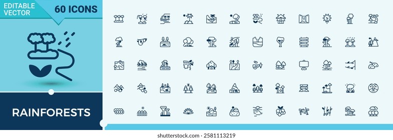 Set of Rainforests line icons. Contains such icons as tree, simple, bundle, garden, plant and more. Collection for mobile and web apps. Solid line editable stroke. Vector line and solid icons.