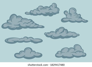 Set of rainy clouds in hand drawn vintage retro style isolated on gray background. Cartoon design elements. Vector illustration.