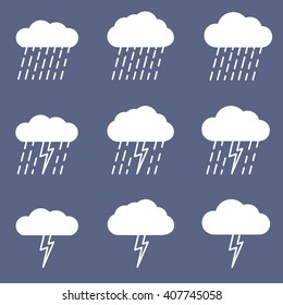 Set of rainy icon. Collection of shape and label. Symbol for weather or climate project. Graphic element vector. Vector design element for logo, web and print.