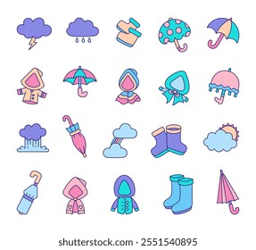 Set of rainy season collection featuring raincoats, umbrellas, rubber boots, clouds, raindrops, waterproof equipment, and weather protection illustrations