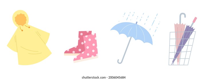 Set of rainy season elements; rain coat, boots, umbrella and umbellar in the bucket. Concept of rainy season, rainfall. Single object for print, graphic design decoration. Flat vector illustration.