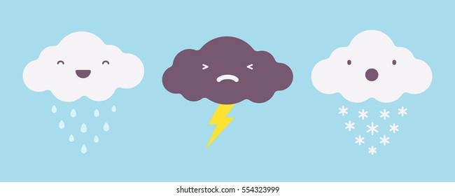 Set of rainy, snowy and lightning storm clouds, state of the atmosphere, different climate, temperature contrast, weather changing mood, untrue forecast, unpredicting character
