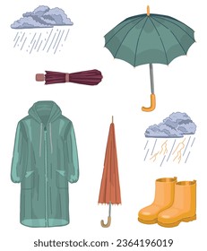 Set of rainy weather attributes. Doodles of raincoat, rubber boots, umbrellas, thunder clouds. Cartoon vector illustrations collection isolated on white background.