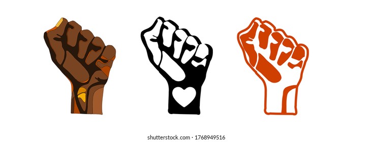 set of raised fist protest art, collection of protest elements, Hand Pattern Anti Racism, black lives matter movement, simple fist logo, flat design vector illustraction, 