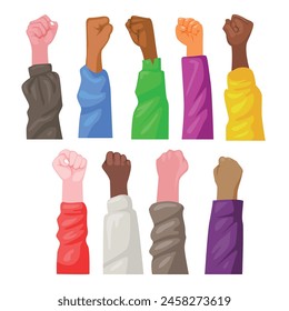 Set of Raised hand with clenched fist  gesture collection, raised up fist in protest no war, revolution riot. freedom power, people right, activist democracy concept, vector illustration.