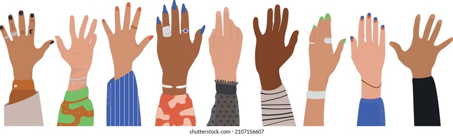 Set of raised hands of different people. A group of diverse human hands with accessories and different clothes rising up together. The concept of the international volunteer community and the freedom.