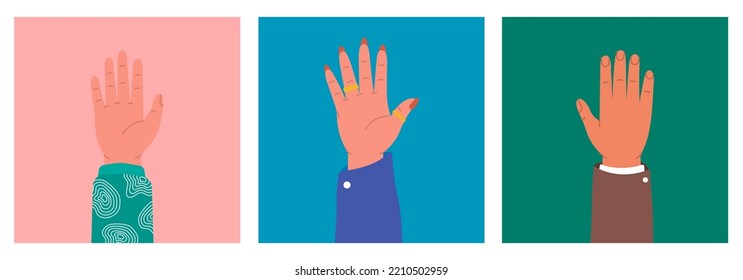 Set of raised hands. Different posters with hands raised up. Vector illustration. Teamwork, collaboration, voting, volunteering.