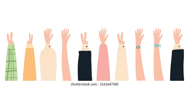 Juego de manos levantadas. Un grupo de diversas armas humanas. El concepto de comunidad internacional de voluntarios. Trabajo en equipo, colaboración, votación, concierto de voluntarios. Ilustración del vector
