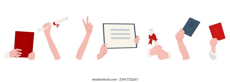 Set of raised hands. Hands holding diploma, scroll, charter or certificate. Graduates rejoice at the end of their studies. Vector illustration.