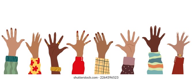 A set of raised human hands. Hands of different nationalities.