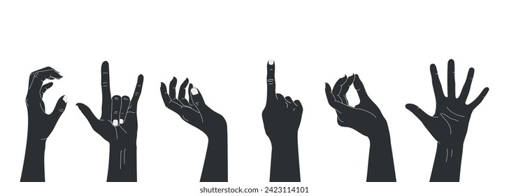 Set of raised human hands silhouettes showing different gestures. Vector illustration